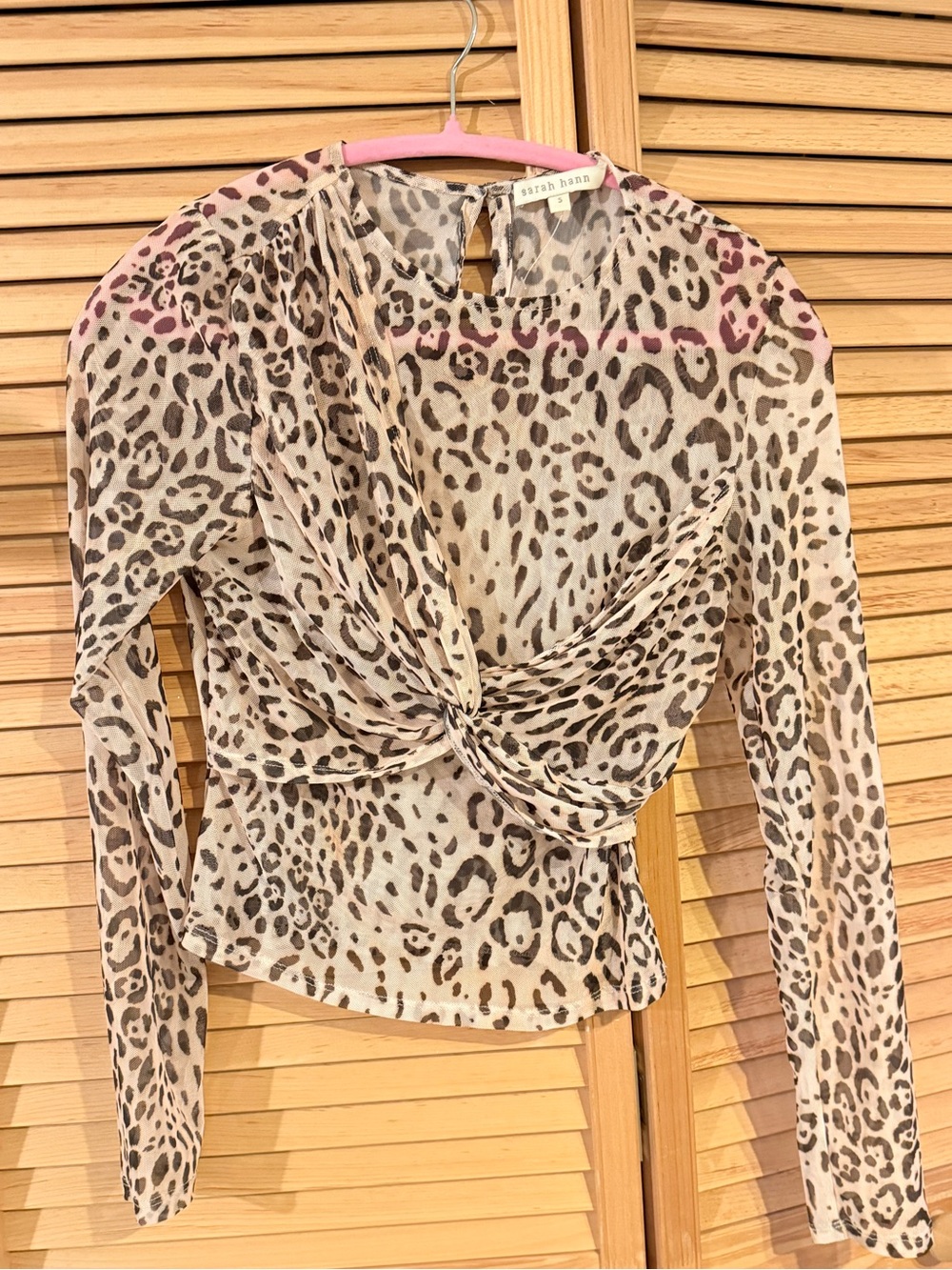 Sarah Hann Beige Leopard Twist-Front Mesh Long Sleeve Top with Pink Accents